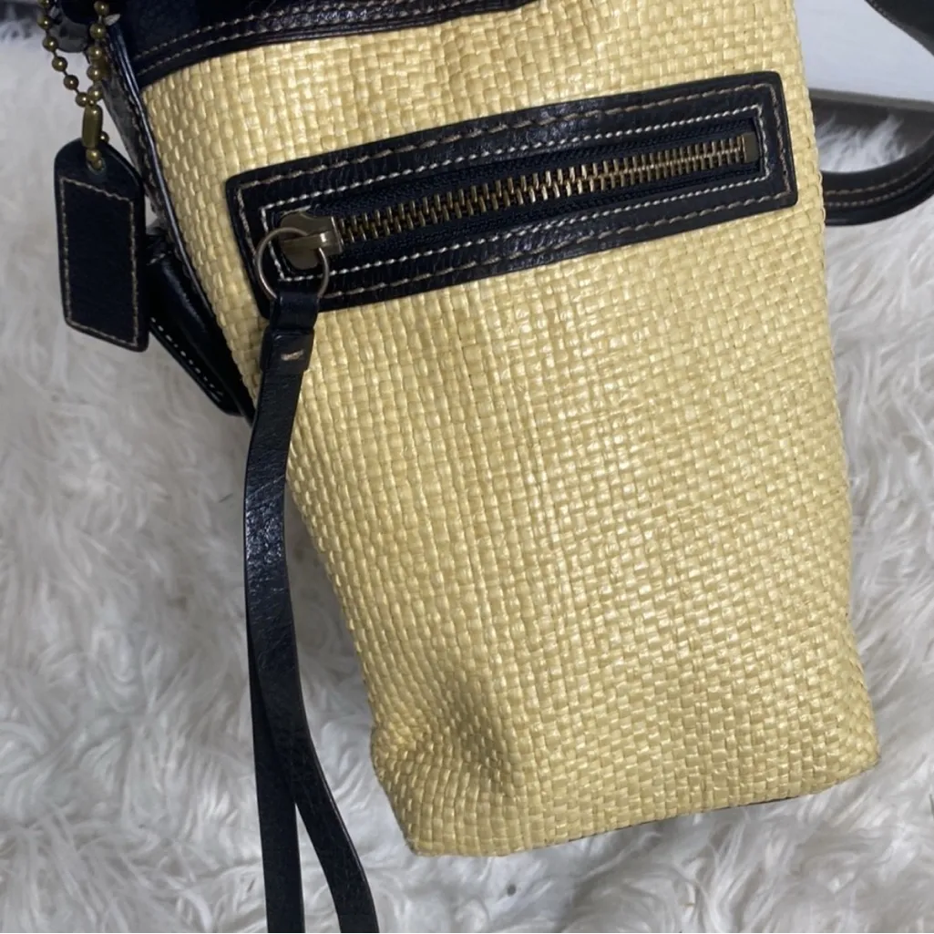 Coach Legacy Black/Cream Leather Woven Straw Rattan Tote Satchel Purse Bag - Image 11