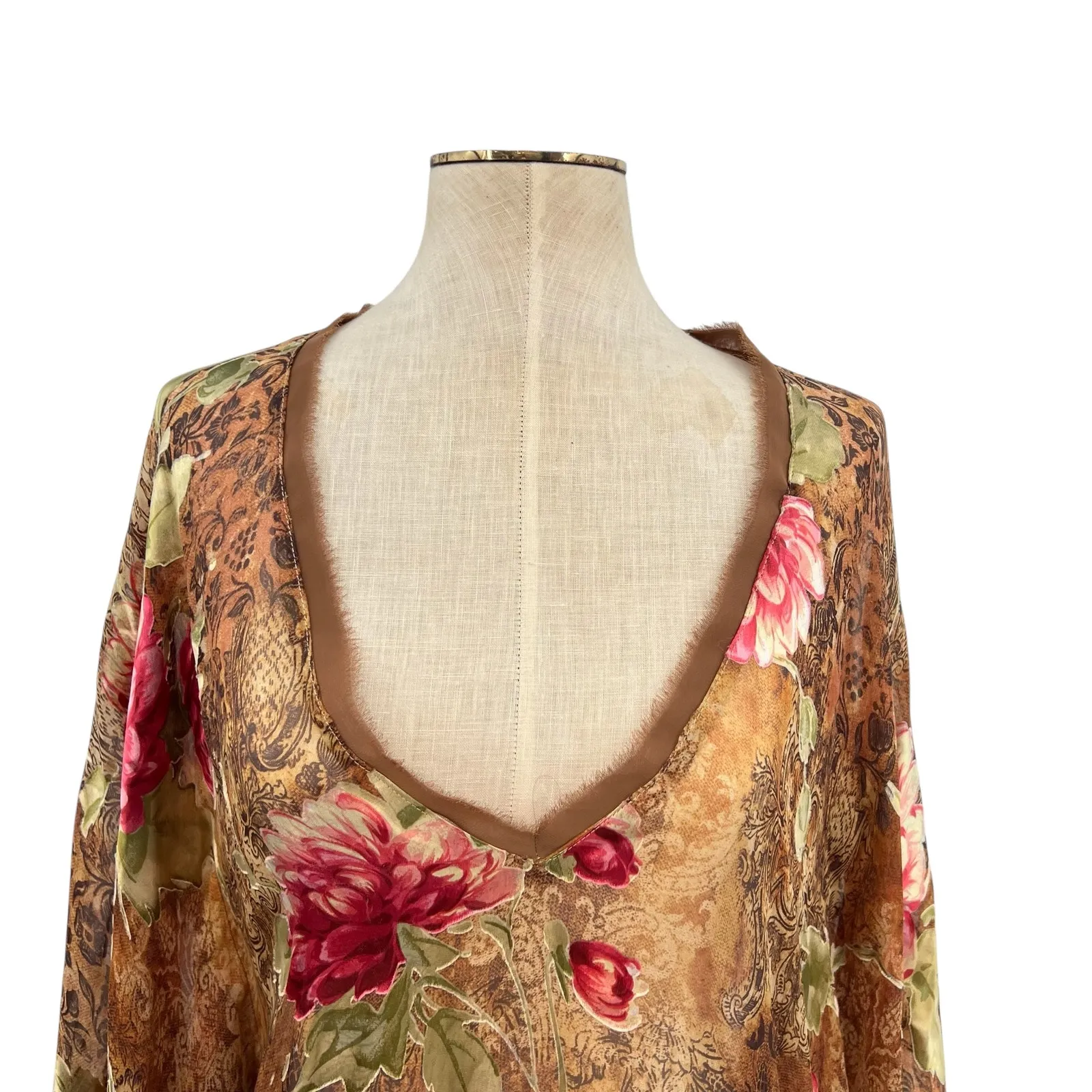 Christina Makowsky Caftan Kimono Top Blouse Paisley Floral Print Brown‎ Tan Brown - Image 3