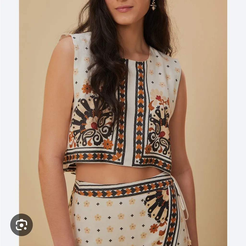 Farm Rio Flower Fan Tapestry Off White Cropped Top and Wrap Skirt - Image 3
