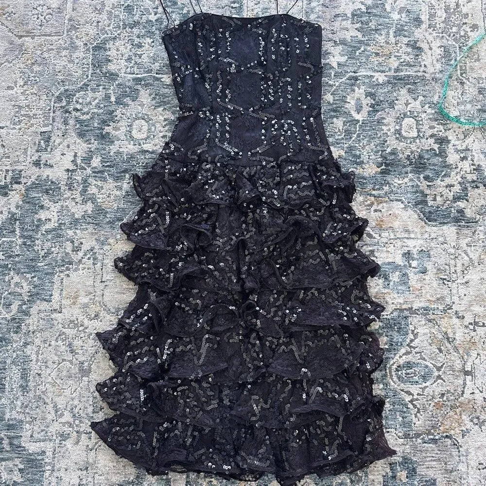 Vintage Lillie Rubin Corset Dress Womens 80s Black Sequin Tiered Cocktail Ruffle Black Size 2 - Image 5