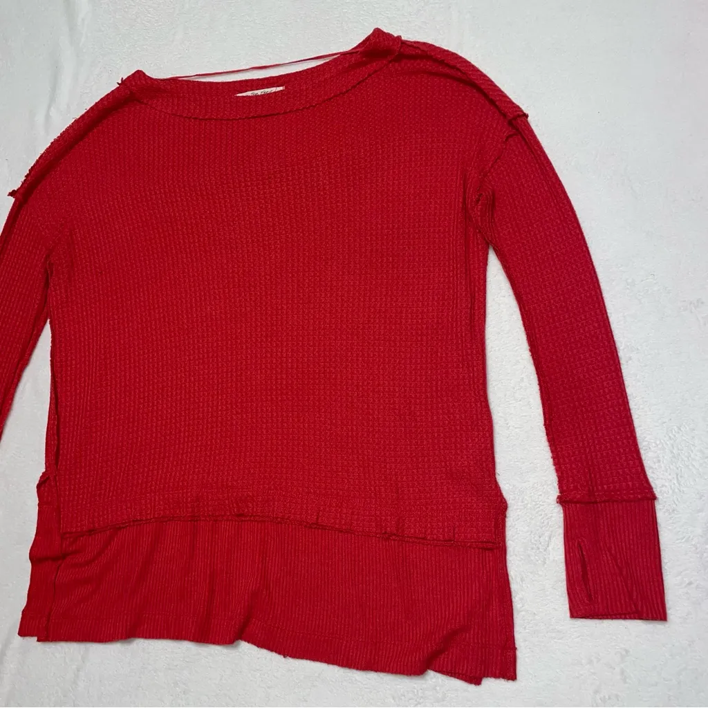 Womens Free People North Shore Red Waffle Knit Thermal Long Sleeve Top siz Small - Image 3