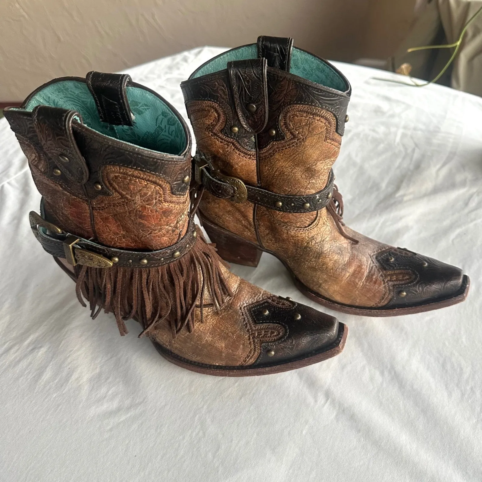 Corral Metallic Cognac Strap Fringe, Studs, Buckle Cowboy Boot C2880 8 Western - Image 2