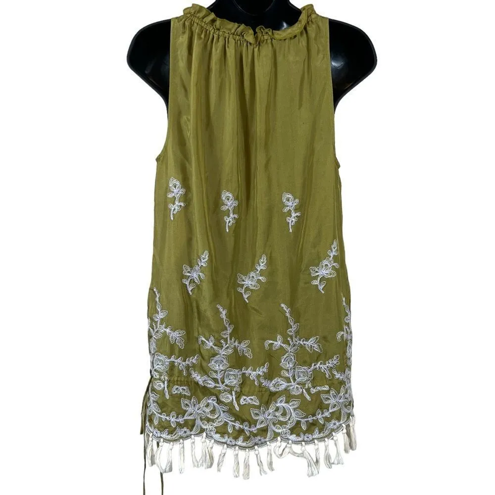 David Meister Chartreuse Embroidered Tunic Top Silk Shift Mini Dress - Image 12