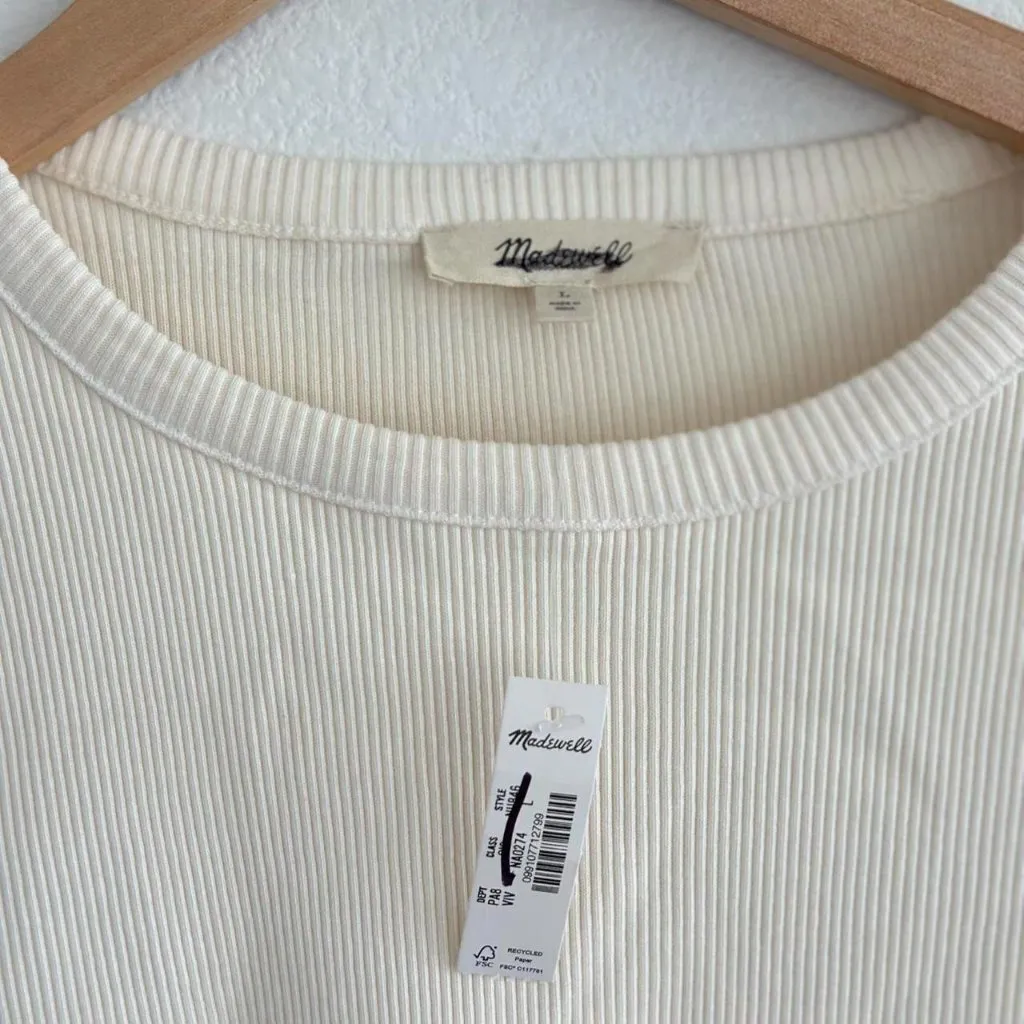 Madewell Garment-Dyed Ribbed Crewneck Pocket Tee in Vintage Ivory, Size Large - Image 6