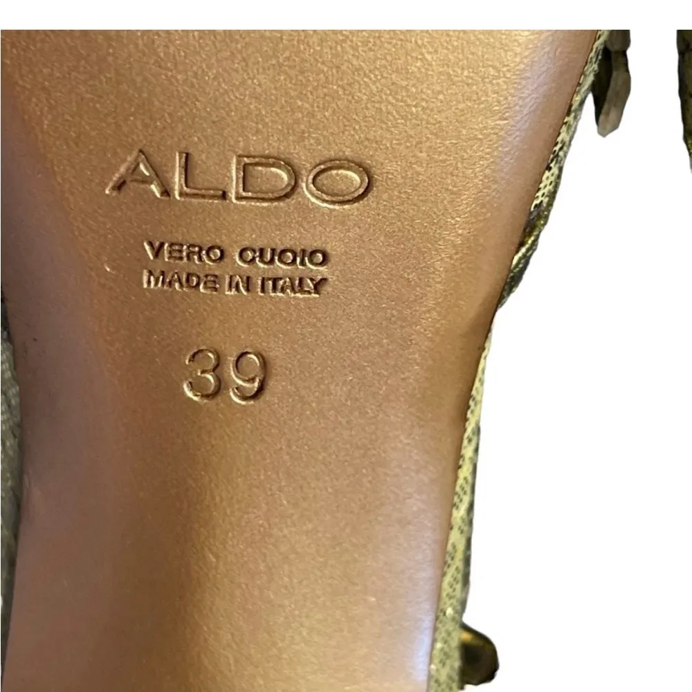Aldo Shimmering Reptile Embossed Leather
Pointed Toe Ankle Strap Heels - Image 6