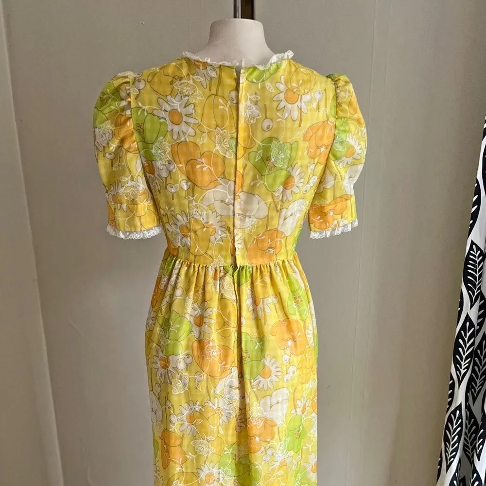 VINTAGE 60s 70s Yellow Floral Prairie Maxi Dress Puff Sleeve Square Neck Daisy S - Image 4