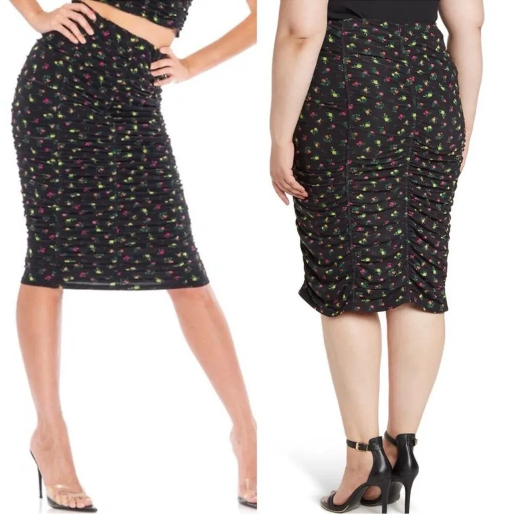 AFRM Black Noha Neon Ditsy Floral Print Ruched Mesh Pencil Skirt Plus Size 2X - Image 2