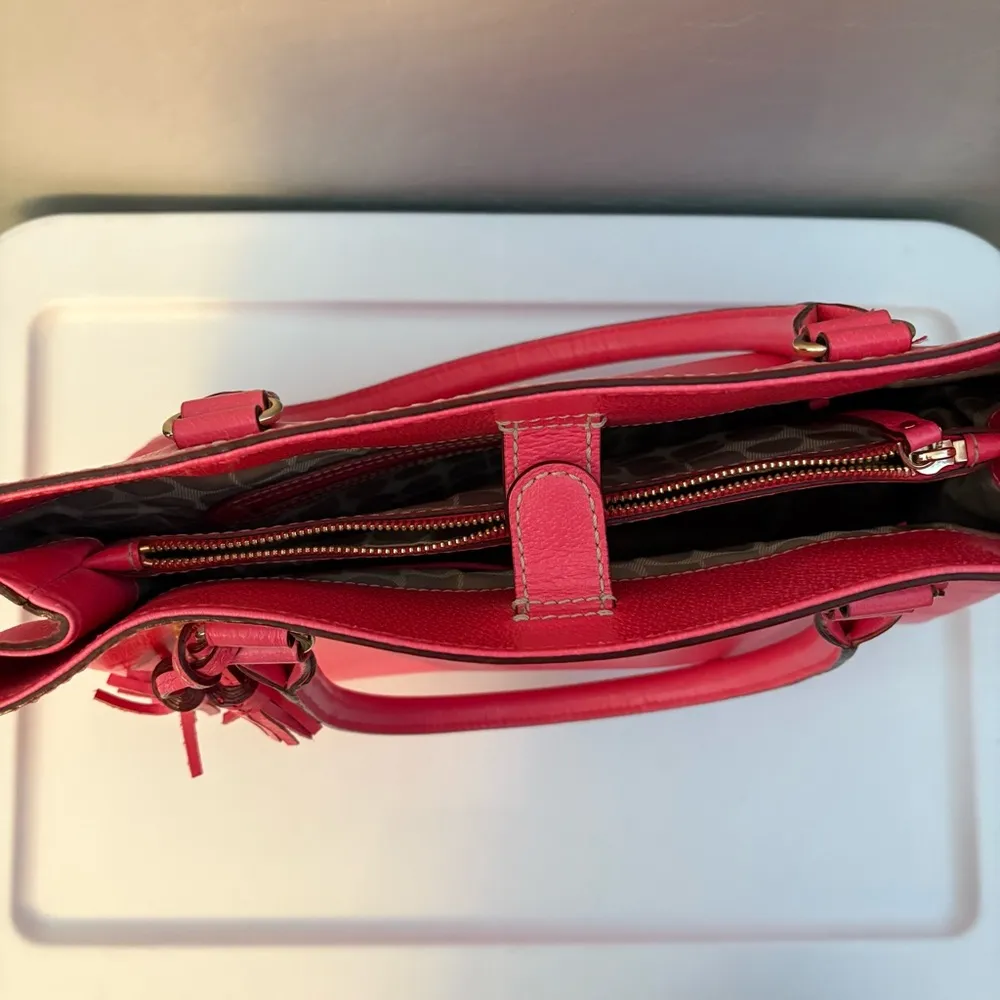 Kate Spade bright coral pink colored tote bag with snap closure and tassels - Image 14
