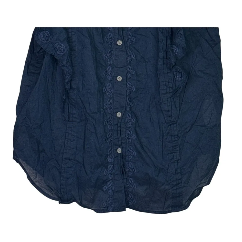 J. Crew Ruffled Neck Floral Embroidered Detail Sleeveless Blouse L Navy Blue - Image 3