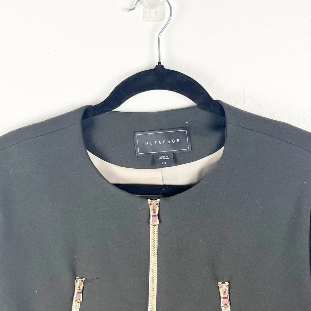 METAPHOR Black Collarless Longline Front Zipper Lined Coat, Size Large - Image 9