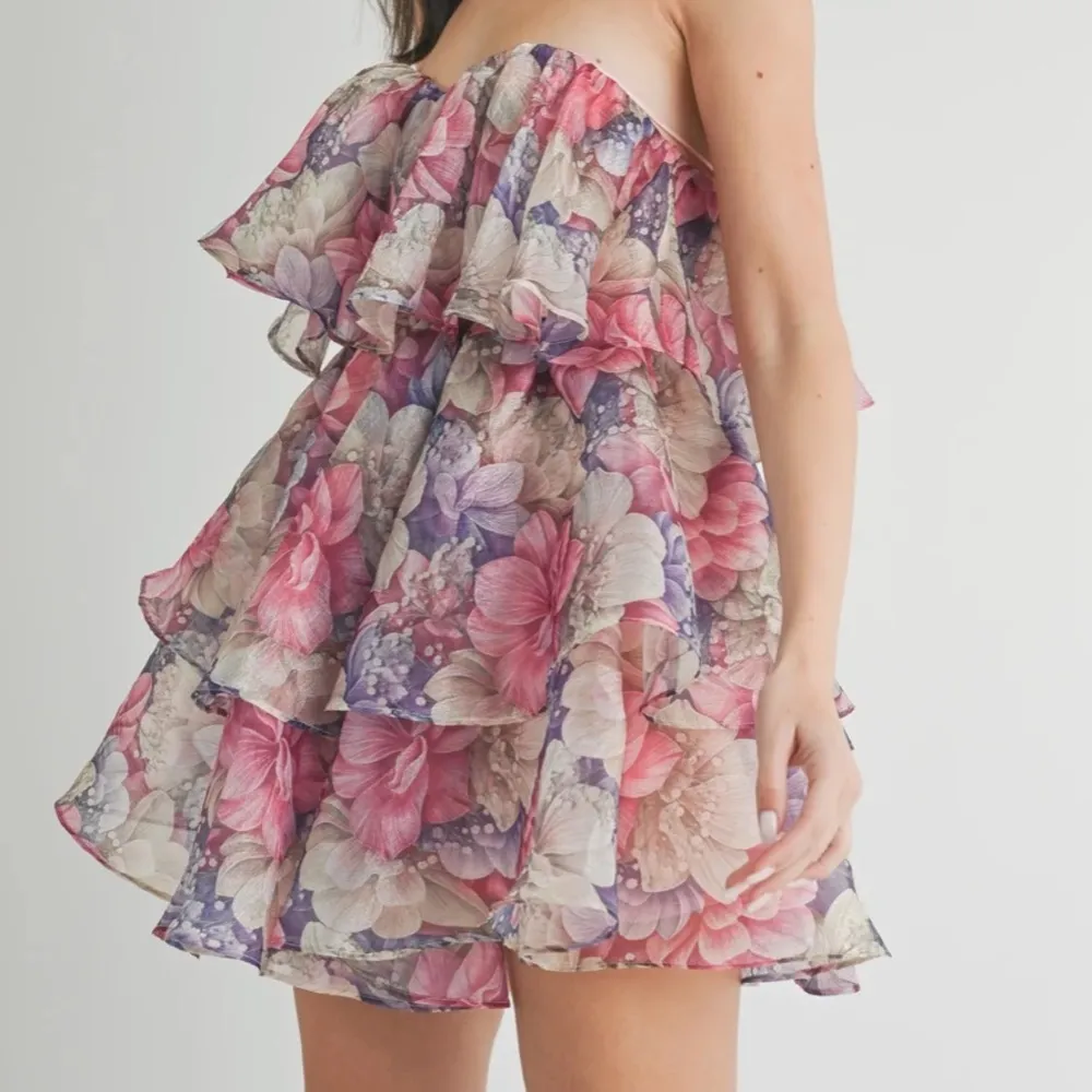 Tiered Floral Organza Ruffle Dress Pink Size M - Image 2