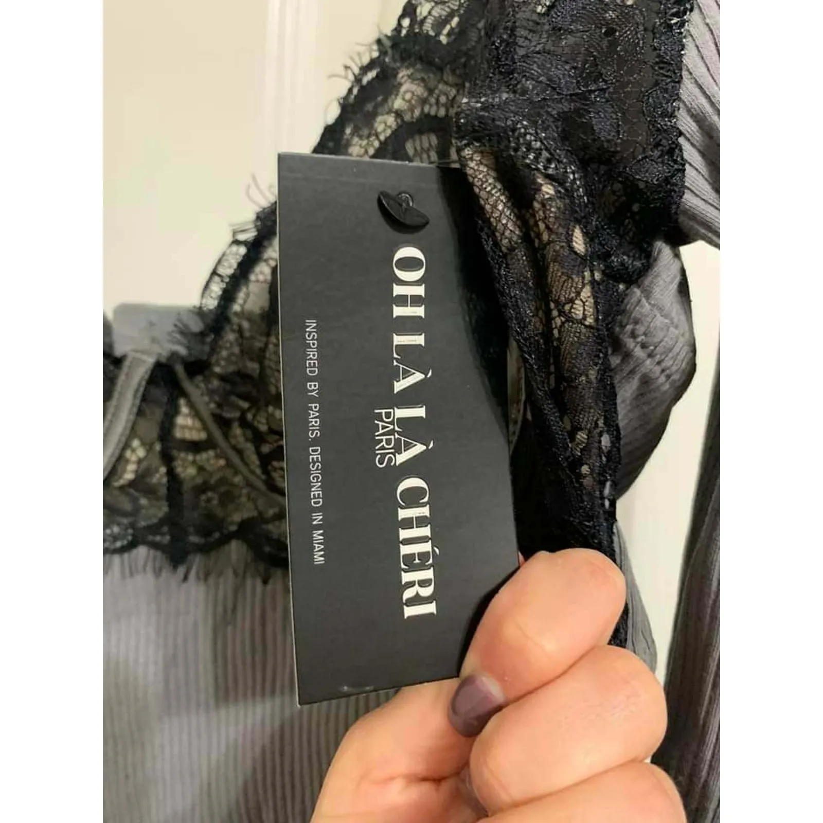 OH LA LA CHERI Women's Rib Knit And Eyelash Lace Teddy Grey Black Size L NWT‎ Size L - Image 8