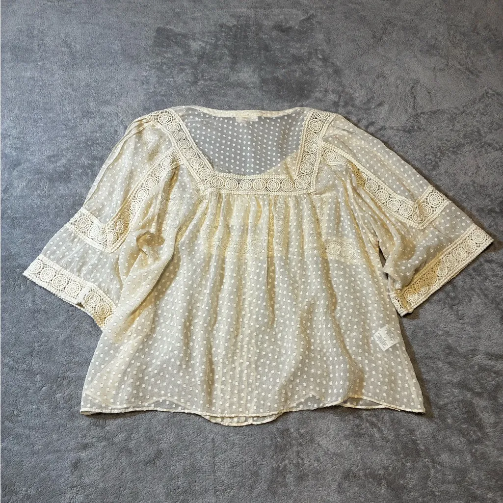 Anthropologie Meadow Rue Silk Blouse Women’s Large Boho Peasant Top Cream Lace White - Image 4