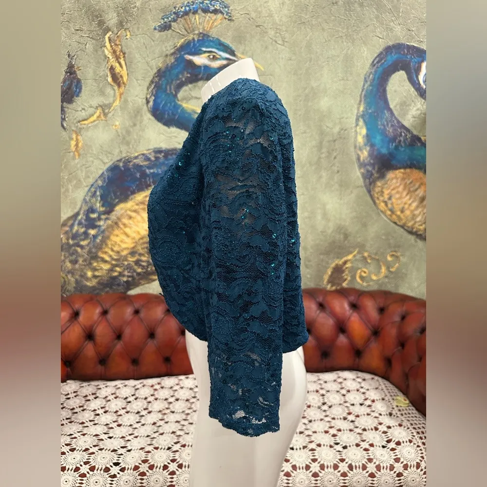 R&M Richards cropped sequence Blue Blazer with Textured Knit Open Front - Image 2