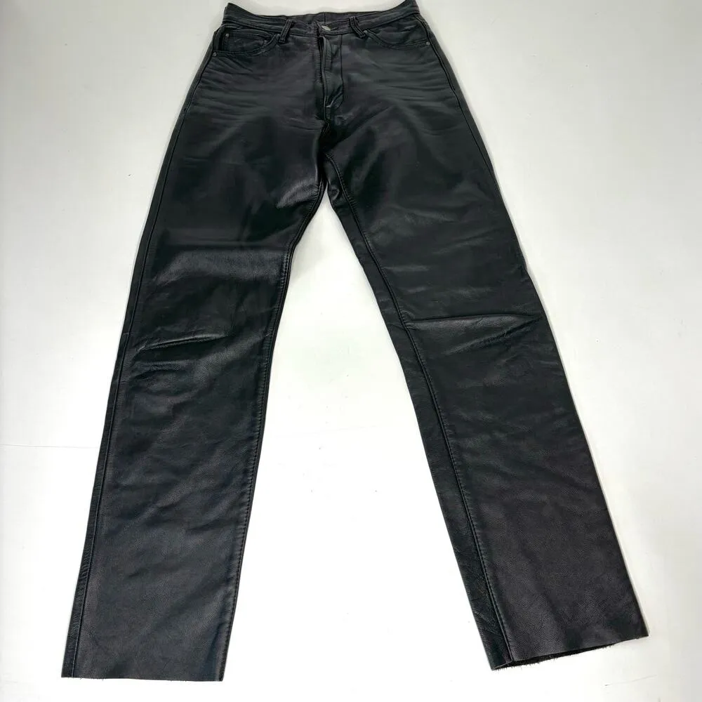 Vintage Leather High Waist Button Fly Black Straight Leg Leather Pants 28 - Image 9