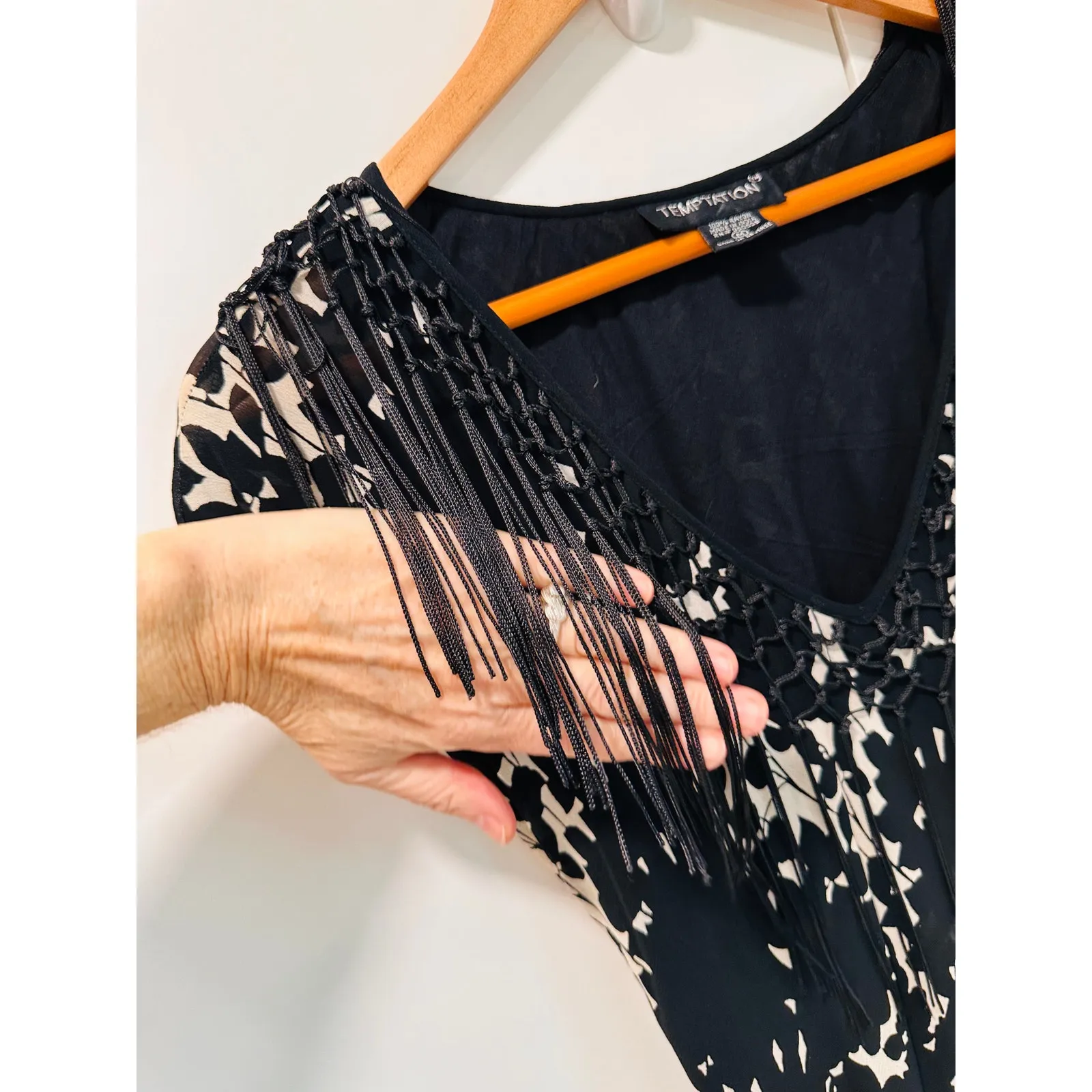 Vtg Y2K 90s Dress Size Medium Black Floral Print Fringe Witchy Whimsy Goth - Image 3