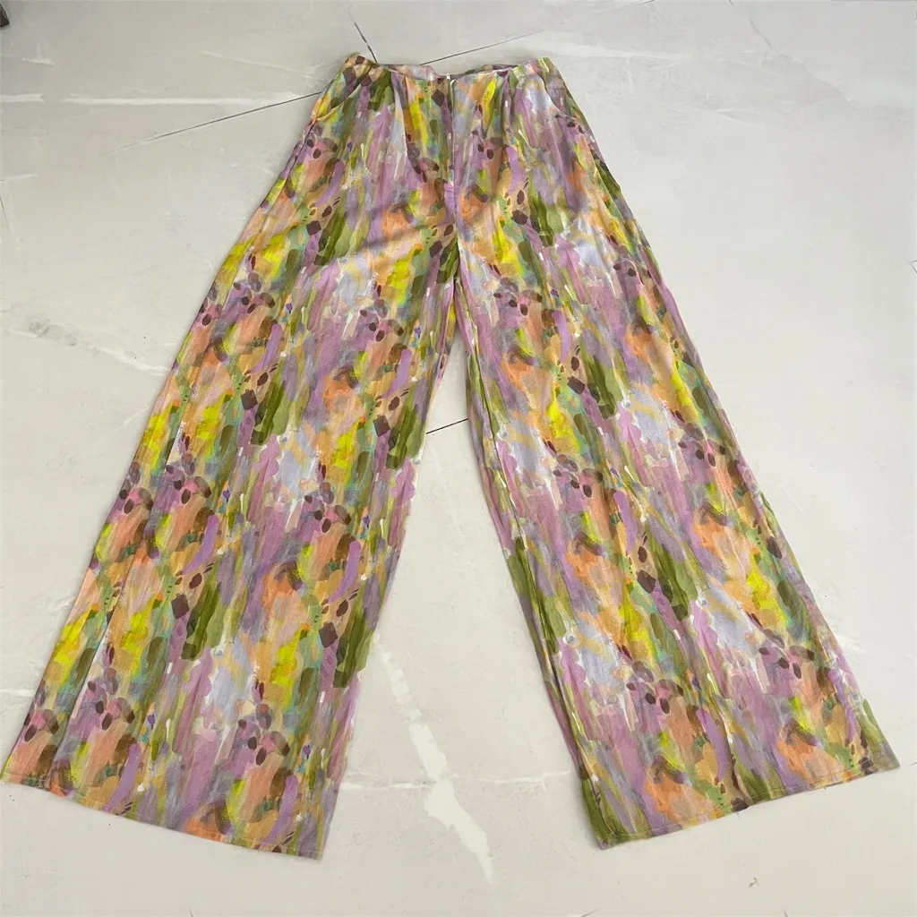 Nasty Gal Anthropologie LINEN Abstract wide leg Pants 4 purple green NEW - Image 9