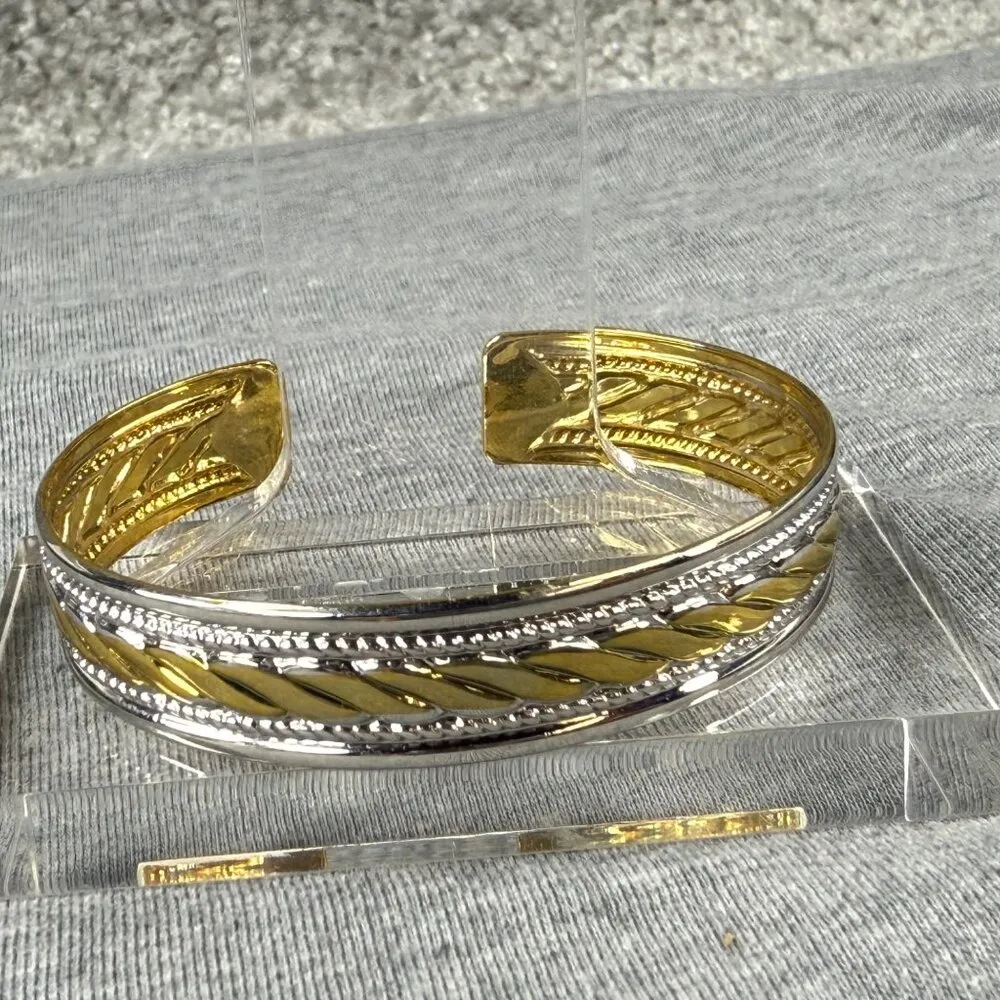 Gold Silver-Tone Cuff Bracelet Hoop Earrings Textured Design Jewelry Set - Image 5