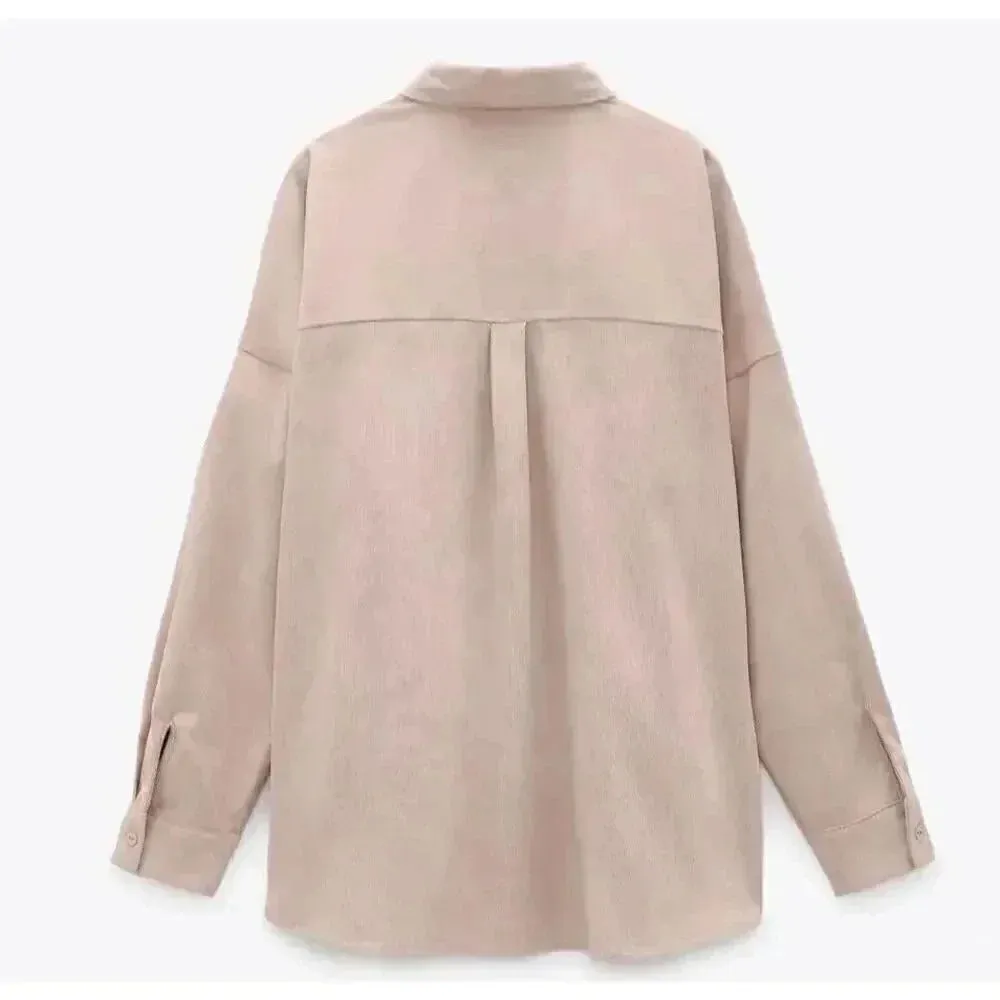 Zara Oversized Corduroy Button Down Shirt Blush Pink, SZ M# 1822 - Image 3