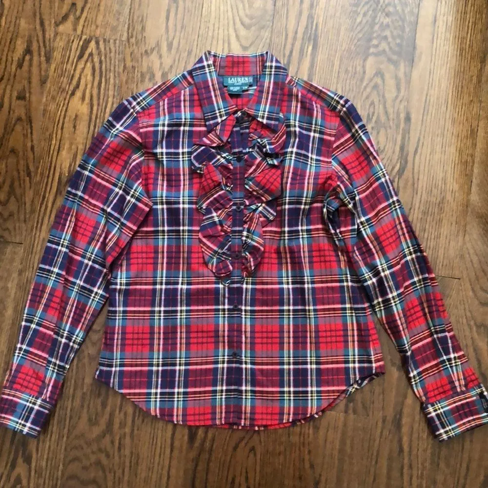 RALPH LAUREN Women’s Red Plaid Frill Button Down Blouse With Button Cuffs SZ P/M - Image 8