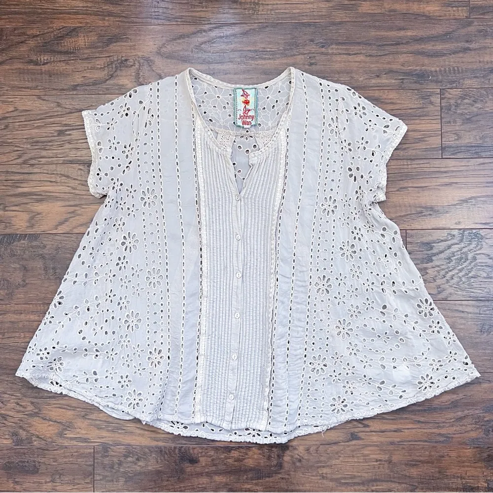 Johnny Was • Short-Sleeve Flirty Eyelet Blouse beige flowy swing peasant boho - Image 2