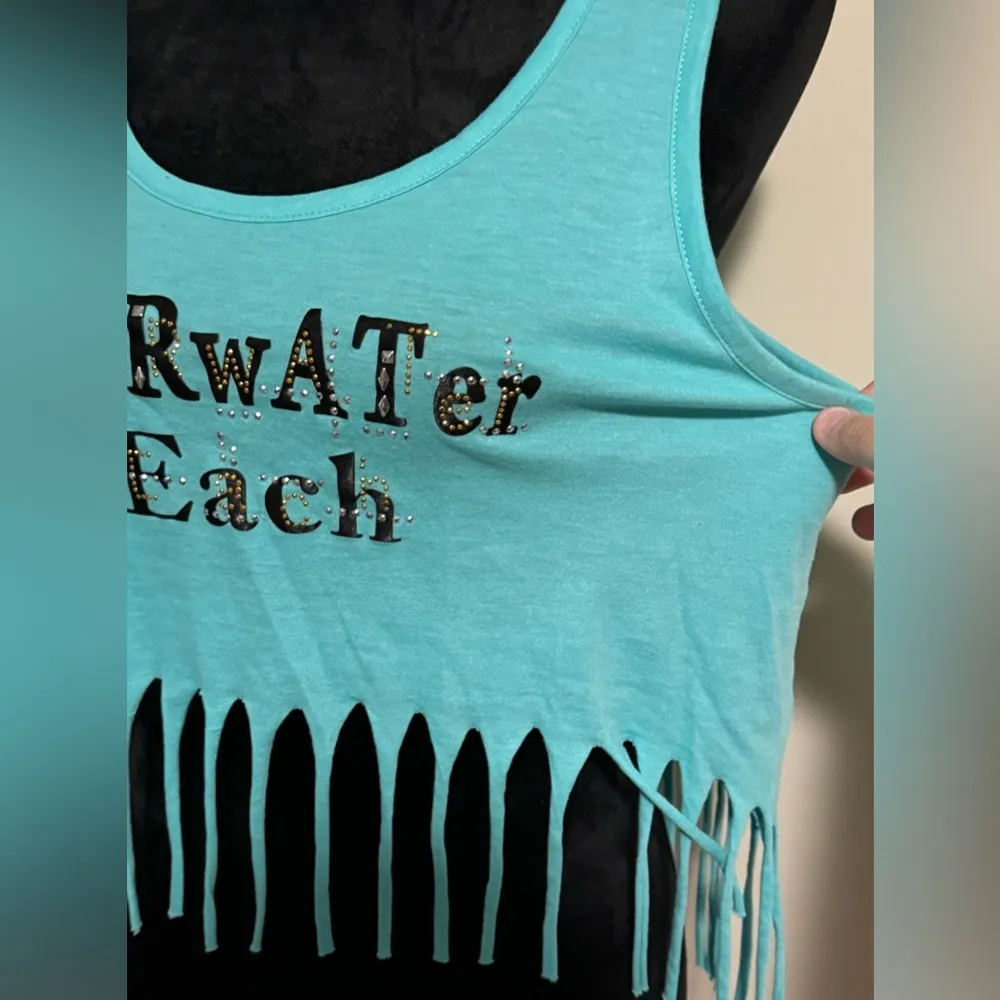 EUC Miami Style Blue and Black Clearwater Beach Cropped Fringe Tank size large - Image 3