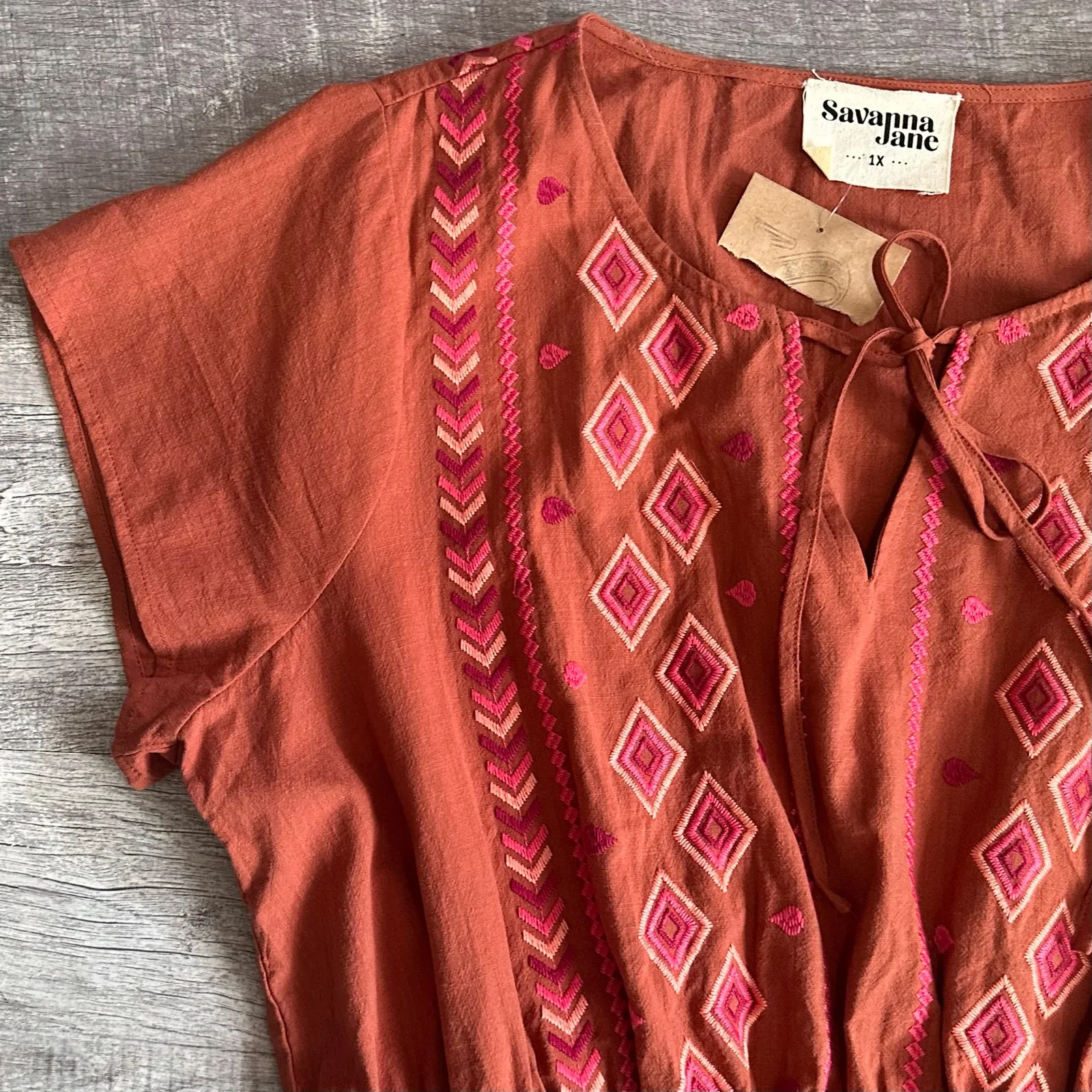 Savanna Jane NEW Rust Mini Dress Womens Plus 1X Aztec Embroidery Cinch Waist Brown - Image 3