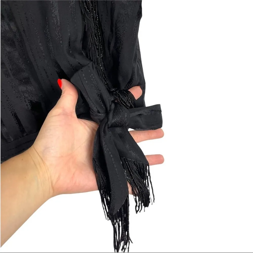 BCBGMAXAZRIA Black Silk Ruffle Blouse Top Beaded Fringe with Shinny Stripes  XXS - Image 5