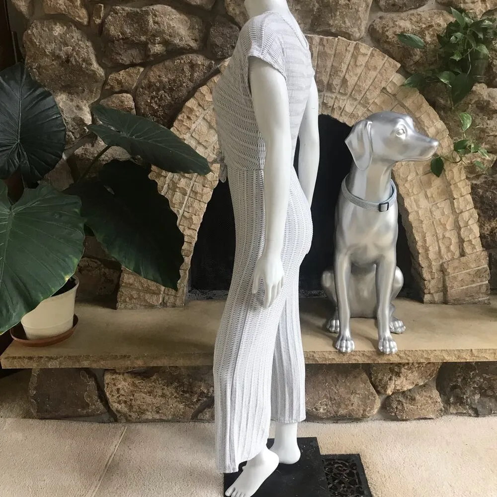 Caution to The Wind Gray Textured Short Sleeve Tie Front Jumpsuit Wide Leg Med - Image 2