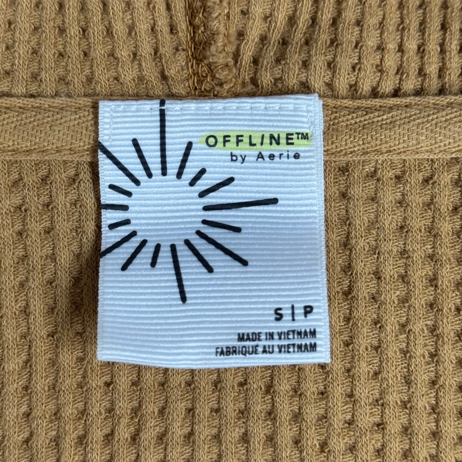 Offline By Aerie Waffle Knit Hoodie Women S Tan Long Sleeve Crop Pullover Lounge Brown - Image 6