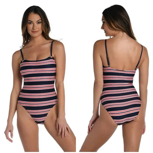 💕LA BLANCA💕 Lingerie One Piece Swimsuit ~ Sailor Stripe Print 10 NWT - Image 1