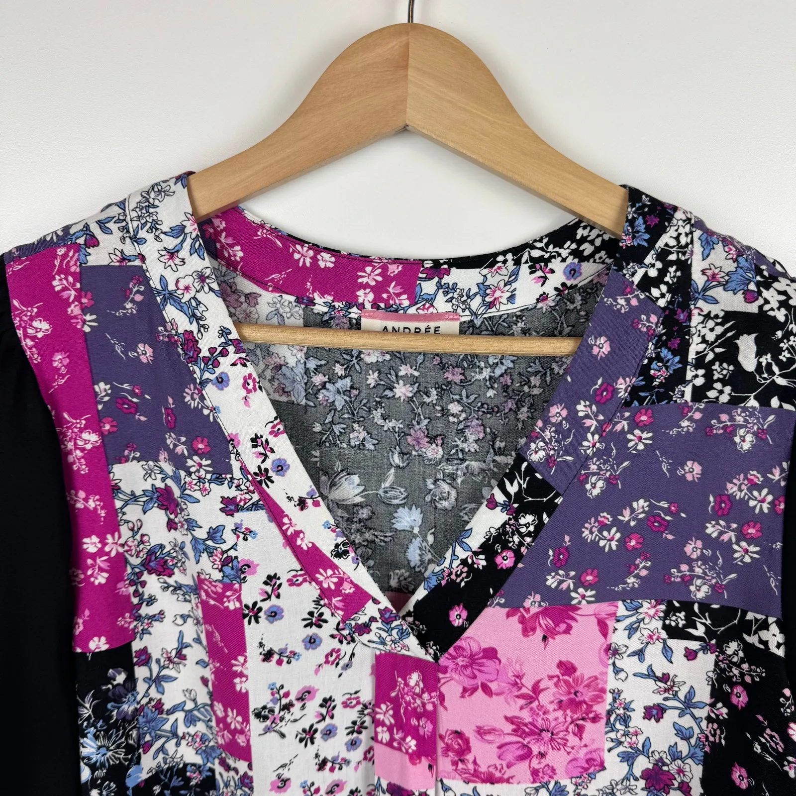 Andree by Unit Womens Patchwork‎ Floral Blouse Sz L Boho Festival Colorful Artsy - Image 5