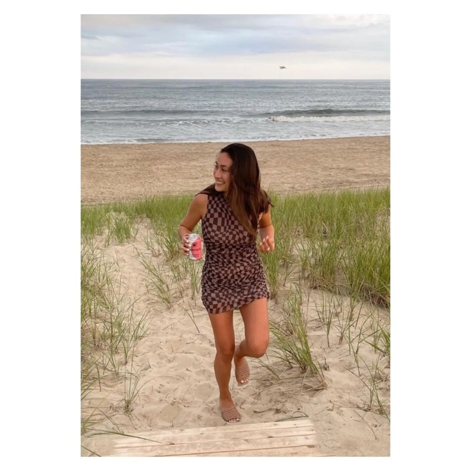 NEW Urban Outfitters Austin Wavy‎ Checkerboard Mesh Bodycon Mini Dress XS Brown - Image 7