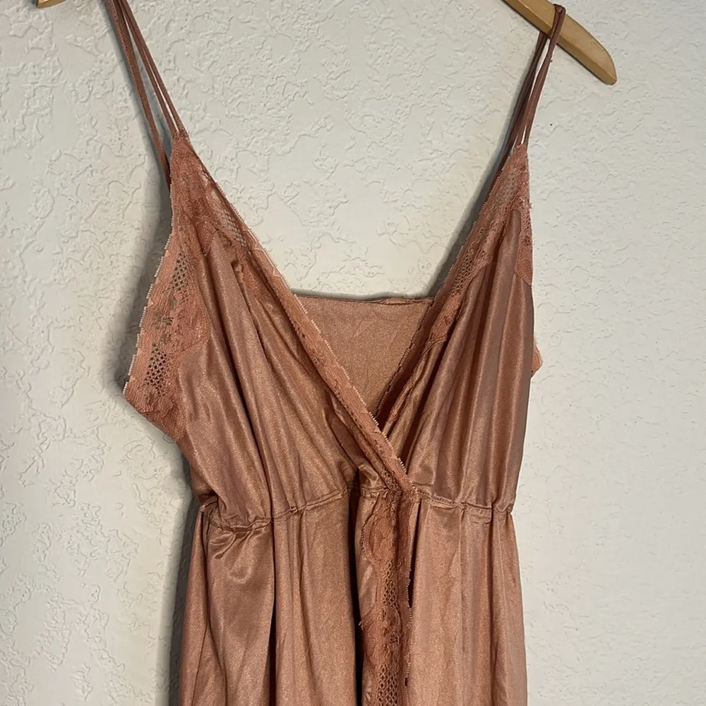 Vintage Avon Slip Dress Maxi Nightie Mauve Lace Sexy Coquette Nylon Open Slit Pink Size L - Image 2