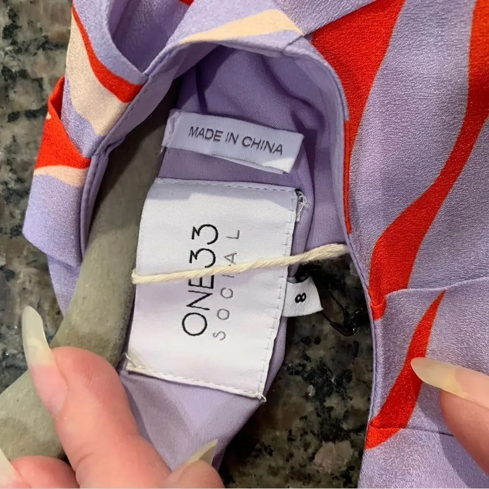 ONE 33 SOCIAL Open Back Cropped Printed Crepe de Chine Top Size 8 NWT Purple - Image 7