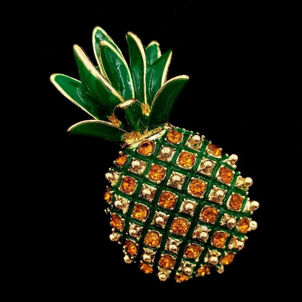 Vintage Enamel & Crystal Pineapple Brooch Green Gold Tropical Statement Pin - Image 6