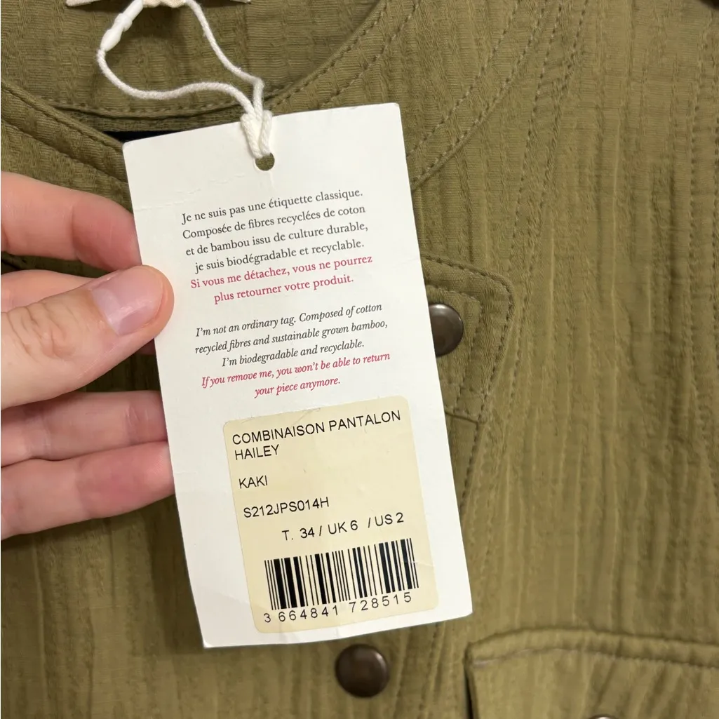 NWT Sezane Quilted Linen Cotton Hailey Jumpsuit in Olive Khaki - Size 34 (US 2) - Image 6