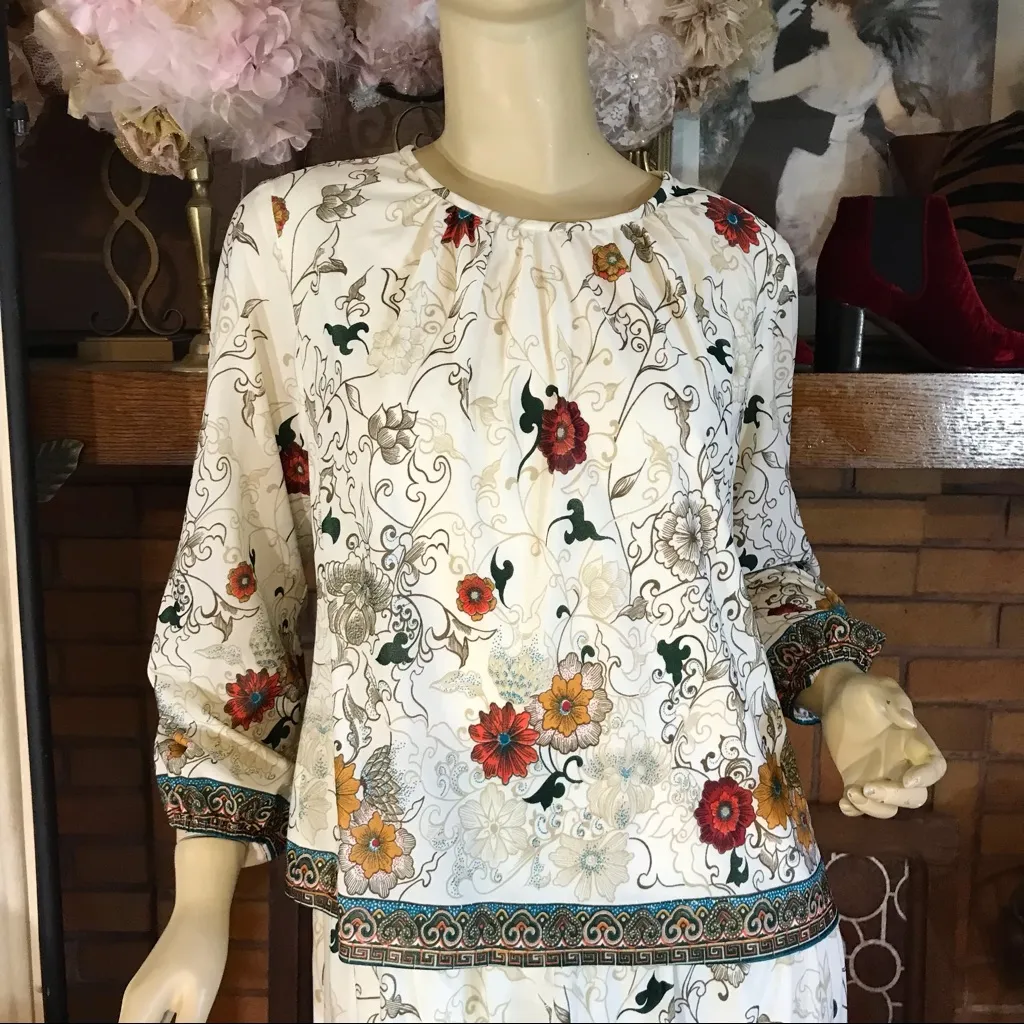 VINTAGE 1980'S UNION MADE CREAM, ORANGE & TEAL FLORAL PRINT POP OVER DRESS (M) Multiple Size M - Image 5