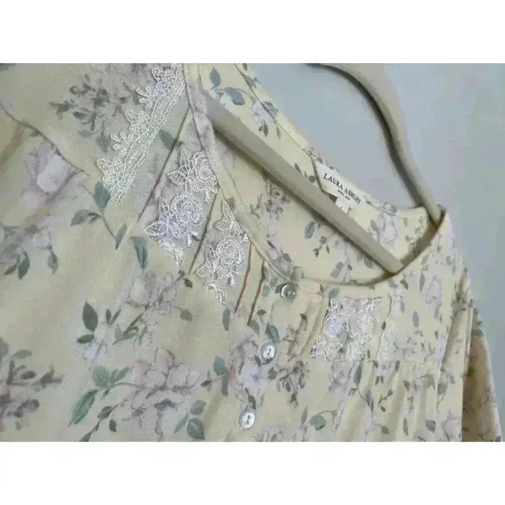 Cottagecore Prairie Floralcore VTG Laura Ashley Floral Lace Pajamas Yellow L - Image 4