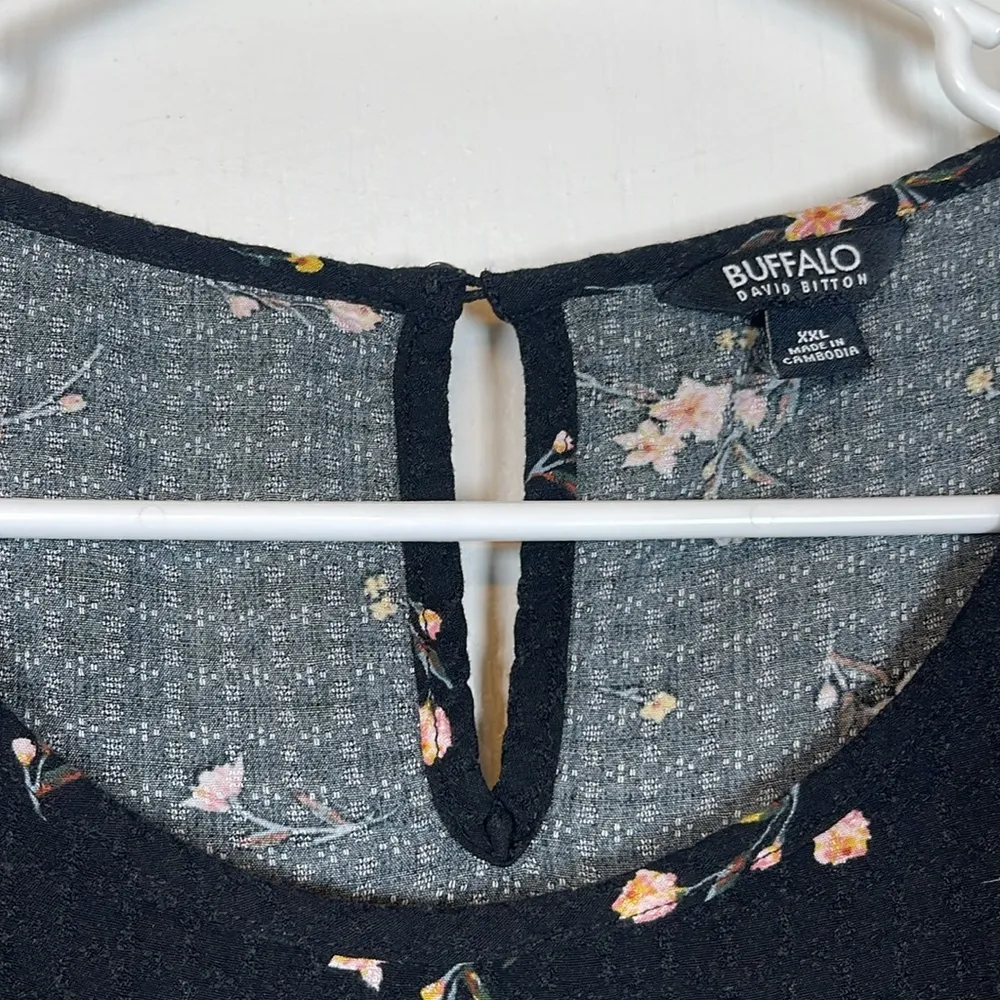 Buffalo David Bitton Black Raglan Bohemian Floral Tie Front Soze XXL GUC #5987 - Image 6