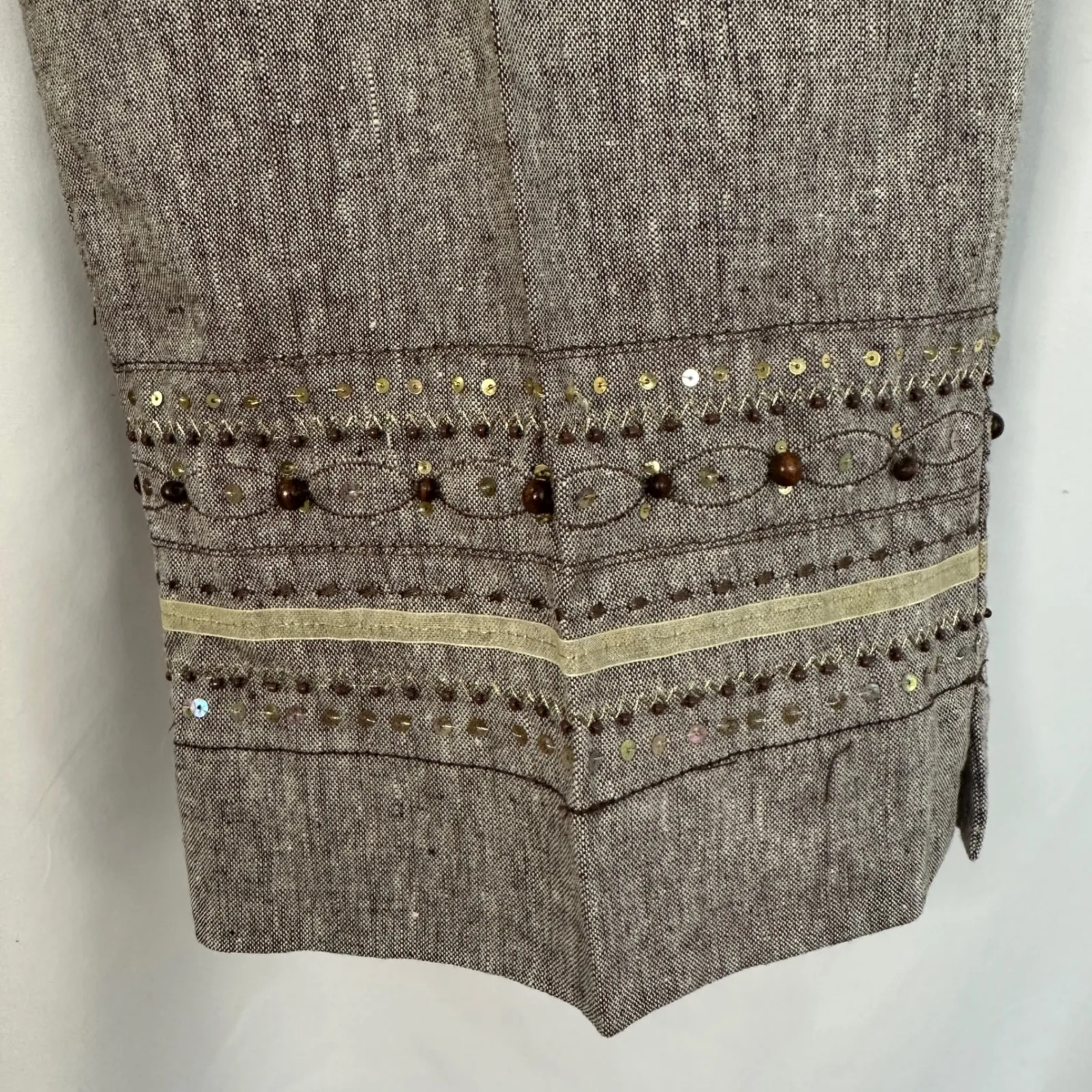 Appagallo Linen Blend Set Embellished Details Brown Crop Pants Blouse Medium - Image 3