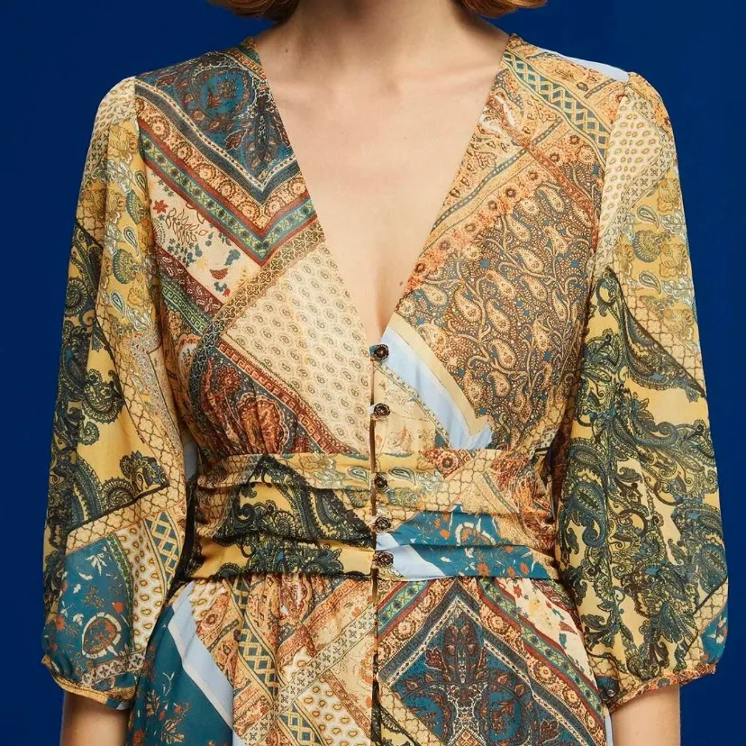 Nocturne Boho Print Long Sleeve Plunge Tiered Maxi Dress | Prairie Cottagecore Size M - Image 3