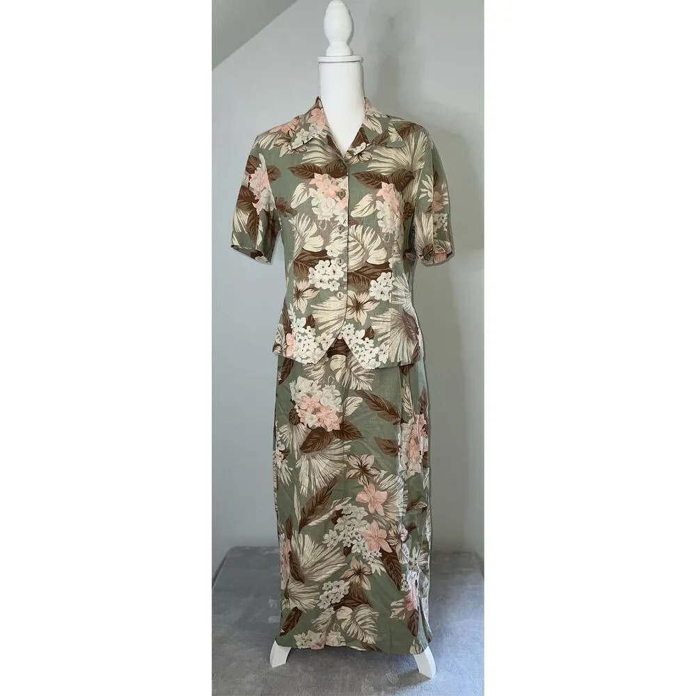 Women’s Linen Floral Button Down Set Hawaiian Tropical Skirt & Top - Image 2