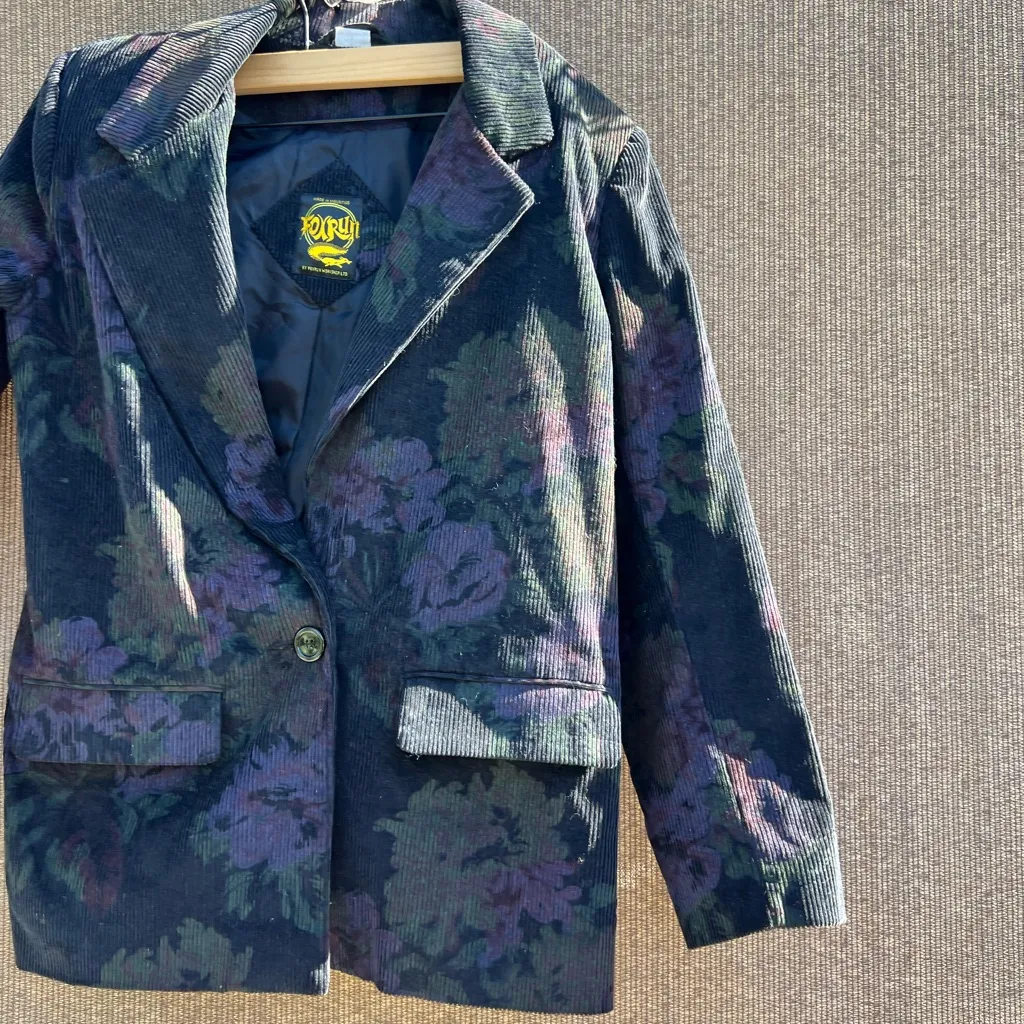 Fox Run Floral Corduroy Boyfriend Blazer in Blue with Pockets Women’s Sz 11/12 - Image 2