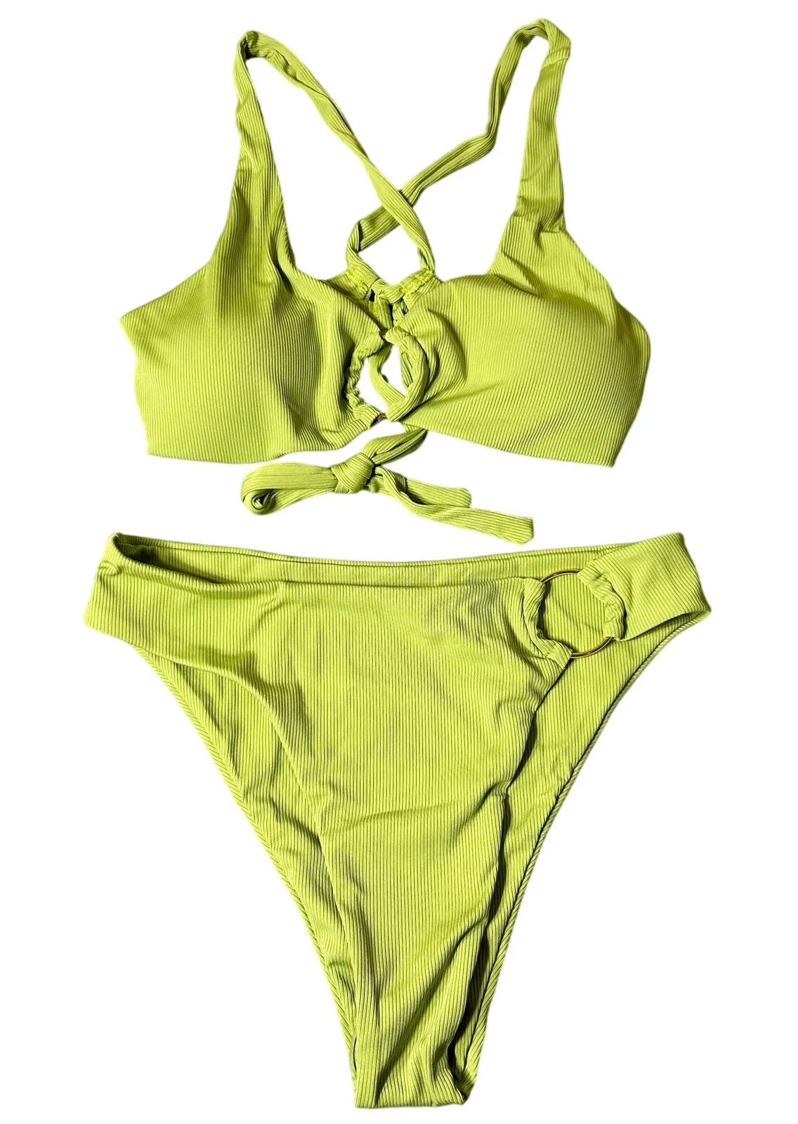 Womens Juniors Swimsuit XL Lime Green Front Keyhole Ring Ribbed 2 Piece NEW Size undefined - Image 1