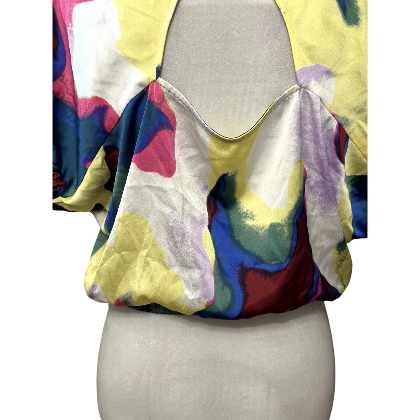 Open Edit Satin Blouse Short Sleeve Cut Out Back Multicolor Women's Medium NWOT - Image 6
