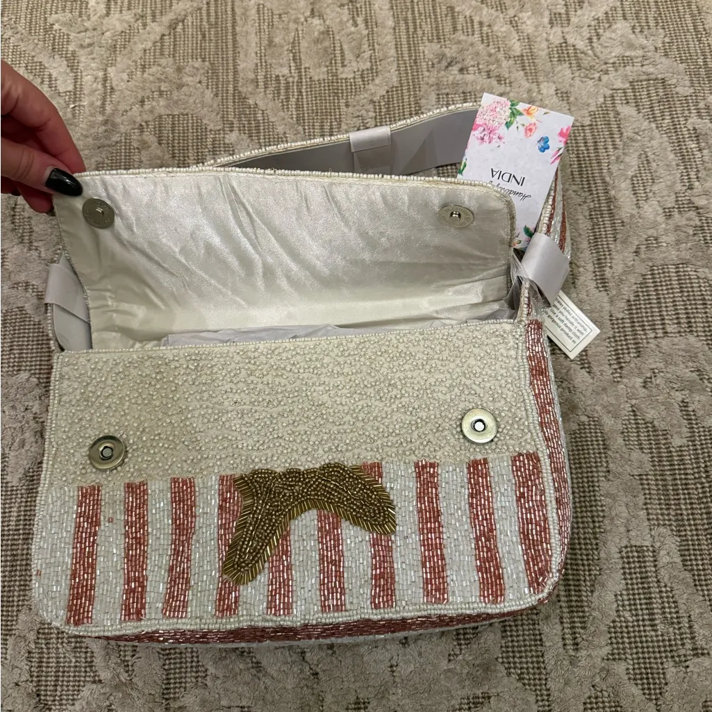 NWT Starfish Pink White Stripes Striped Beaded Bag Made in India Brand New - Image 5