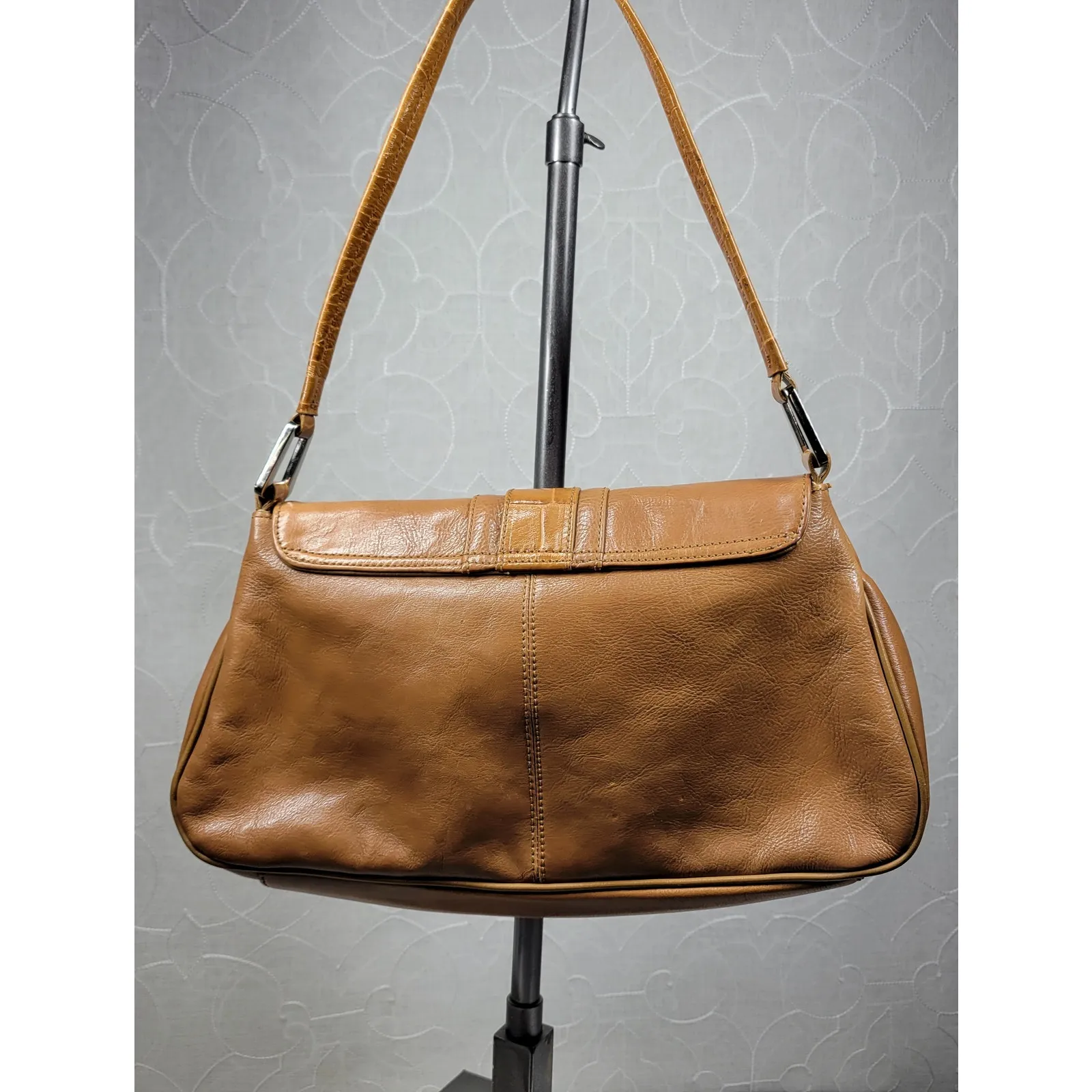 VTG Franco Sarto Y2K Leather Shoulder Bag Tan Alligator Trim Baguette Purse - Image 7