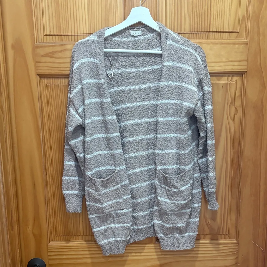Nordstrom Size Small Tan and White Striped Cardigan Sweater - Image 2