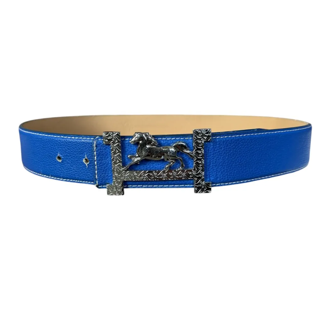 Ovation Riding blue leather adjustable belt with silver horse buckle 40" Length - Image 4